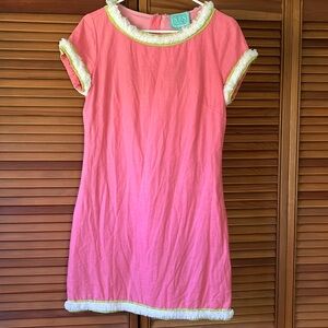 Sail to Sable dress. Pink linen, soft lime green edging, white fringe. Size 4